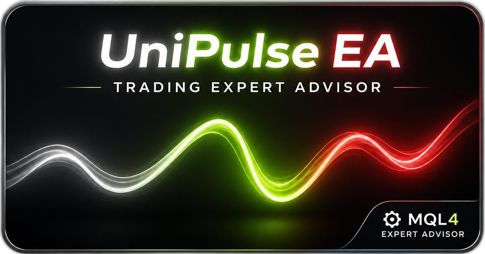 UniPulse MQL4 kereskedési EA letöltés gomb absztrakt sötét háttérrel és világító trend hullámmal