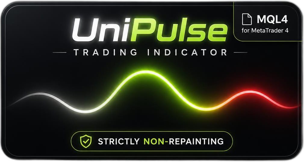 UniPulse MQL4 kereskedési indikátor letöltés gomb absztrakt sötét háttérrel és világító trend hullámmal